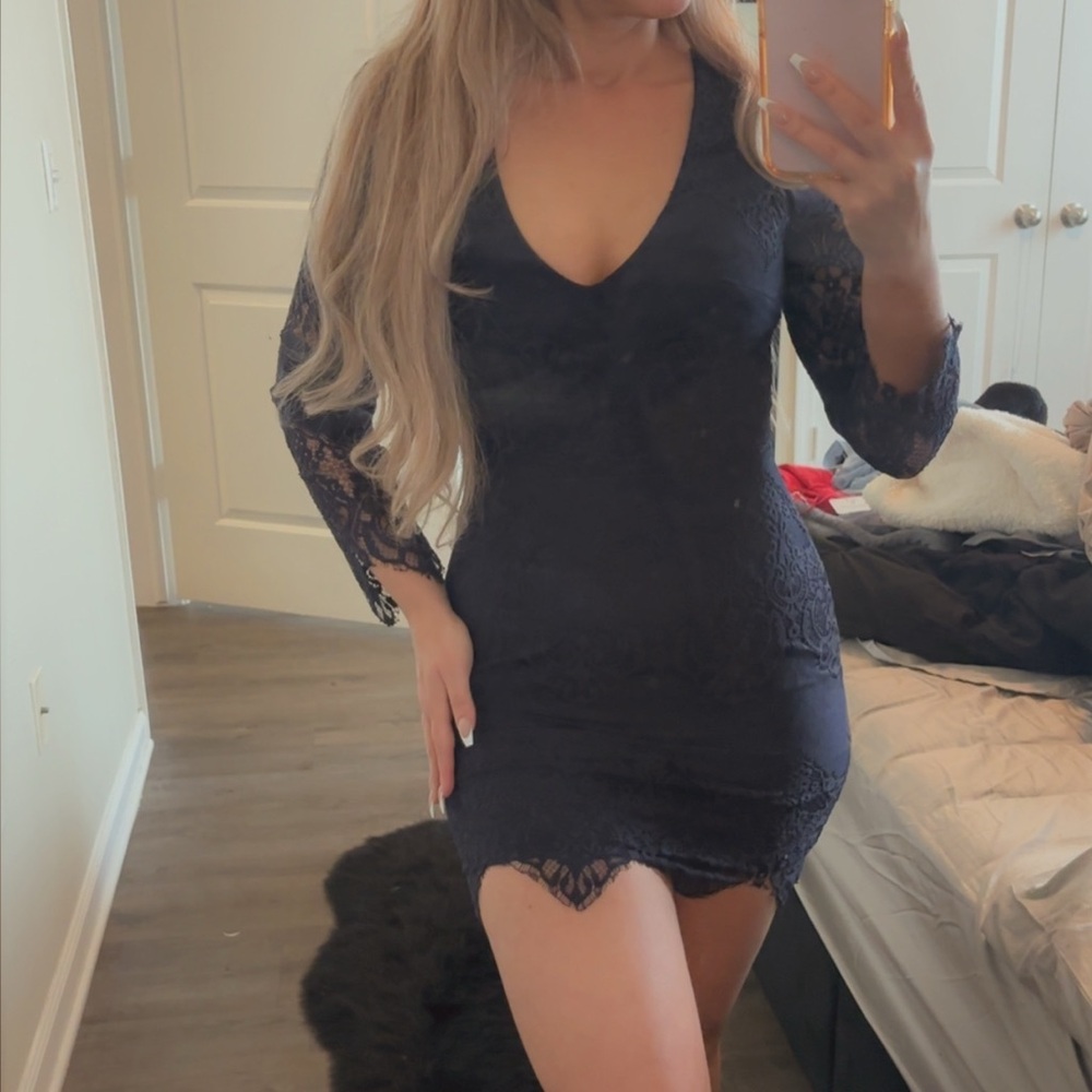 Hello Molly Navy Blue Open Back Lace Long Sleeve Mini Dress